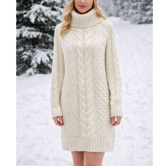 Banana Republic Dresses & Skirts - NWOT Banana Republic Cable Knit Turtleneck Sweater Dress Cream Classic Wool